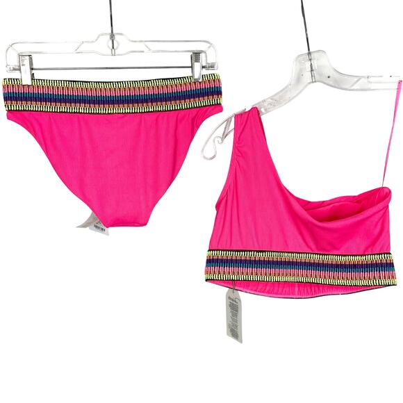 Peixoto Womens One Shoulder 2 Piece Bikini Swim Suit Pink Ribbed Fabric Trim XL - Picture 3 of 15
